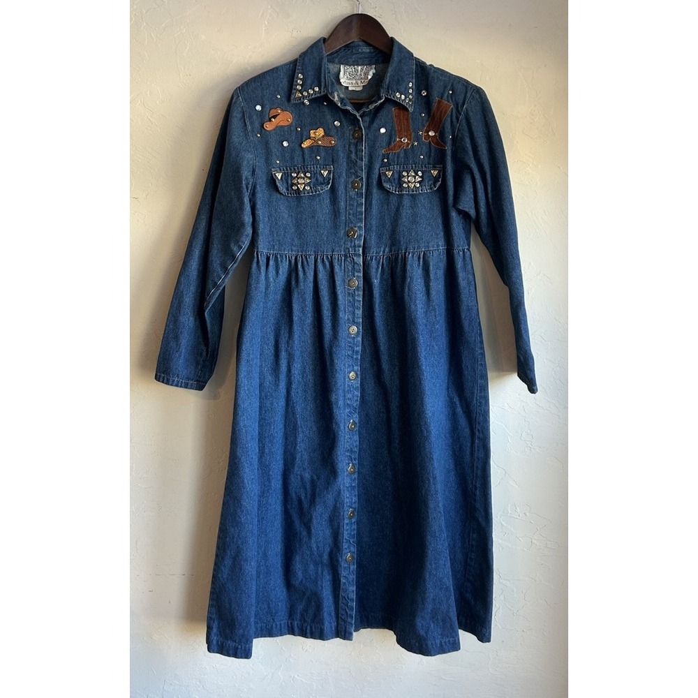 Vintage Miss & Mrs Denim Midi‎ Shirt Dress L Cowgirl Novelty Studded Rhinestone